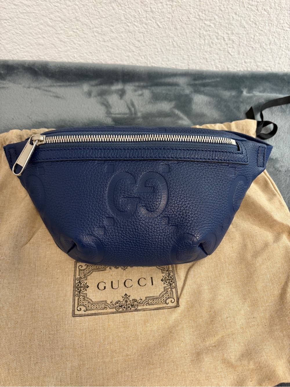 Brand New Gucci Jumbo GG Small Belt Bag Blue Embossed Leather - Picture 1 of 11